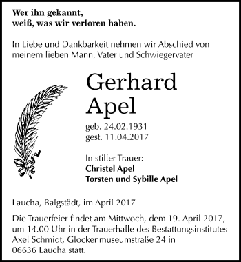 Traueranzeige von Gerhard Apel von Mitteldeutsche Zeitung Naumburg/Nebra