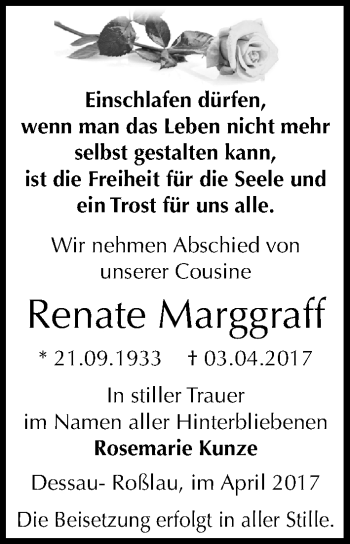 Traueranzeige von Renate Marggraff von Mitteldeutsche Zeitung Dessau-Roßlau