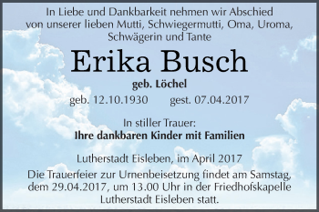 Traueranzeige von Erika Busch von Super Sonntag SGH Mansf. Land