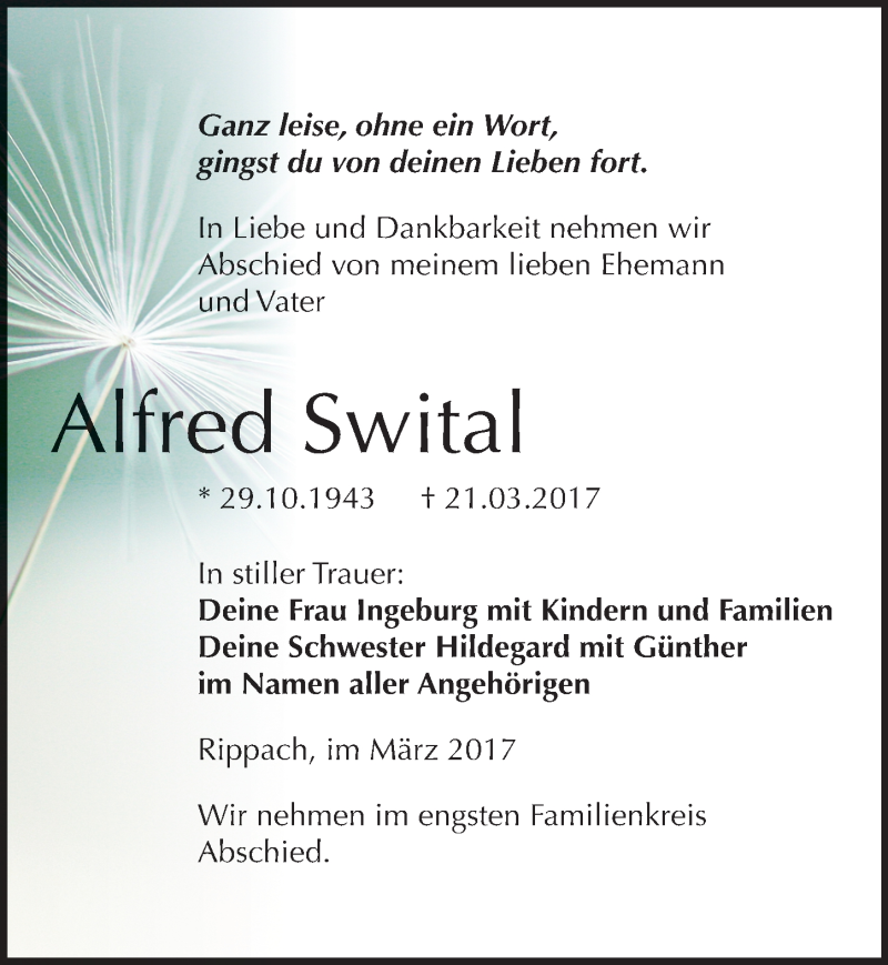  Traueranzeige für Alfred Swital vom 01.04.2017 aus Mitteldeutsche Zeitung Weißenfels