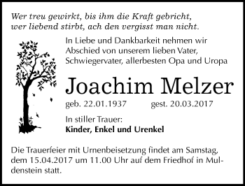 Traueranzeige von Joachim Melzer von Mitteldeutsche Zeitung Bitterfeld