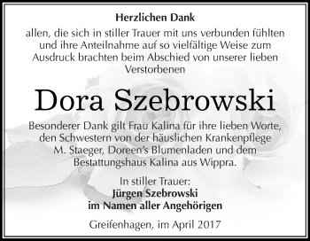 Traueranzeige von Dora Szebrowski von Super Sonntag SGH Mansf. Land