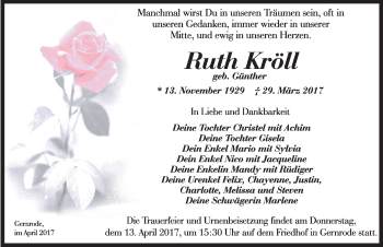 Traueranzeige von Ruth Kröll von Mitteldeutsche Zeitung Quedlinburg