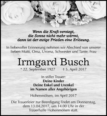 Traueranzeige von Irmgard Busch von Mitteldeutsche Zeitung Weißenfels