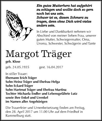 Traueranzeige von Margot Träger von Mitteldeutsche Zeitung Mansfelder Land