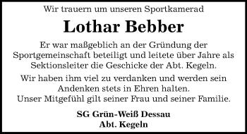 Traueranzeige von Lothar Bebber von Mitteldeutsche Zeitung Dessau-Roßlau