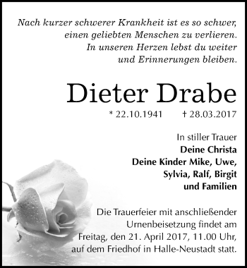 Traueranzeige von Dieter Drabe von Mitteldeutsche Zeitung Halle/Saalkreis