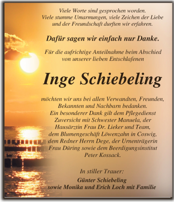 Traueranzeige von Inge Schiebeling von WVG - Wochenspiegel Dessau / Köthen