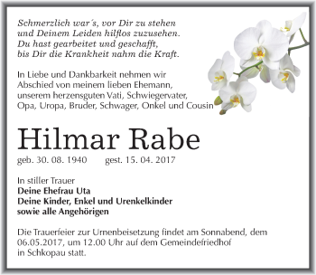 Traueranzeige von Hilmar Rabe von Mitteldeutsche Zeitung Merseburg/Querfurt