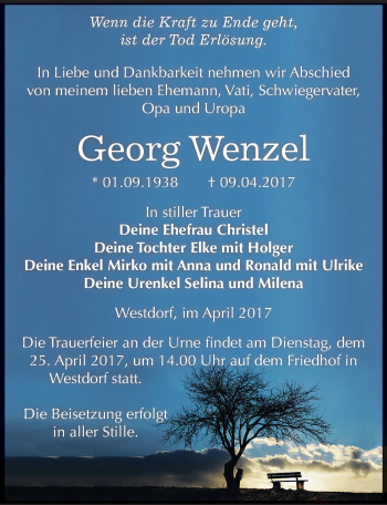 Traueranzeige von Georg Wenzel von Mitteldeutsche Zeitung Aschersleben