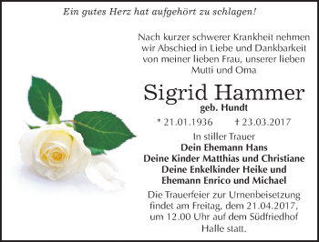 Traueranzeige von Sigrid Hammer von Mitteldeutsche Zeitung Halle/Saalkreis