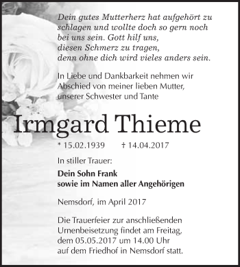 Traueranzeige von Irmgard Thieme von WVG - Wochenspiegel Merseburg