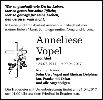 Traueranzeige von Anneliese Vopel von Mitteldeutsche Zeitung Bitterfeld