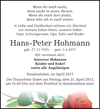 Traueranzeige von Hans-Peter Hohmann von Mitteldeutsche Zeitung Mansfelder Land