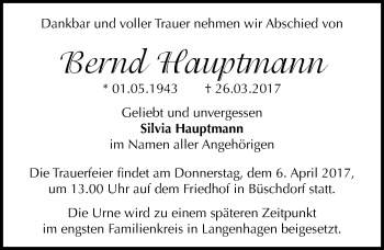 Traueranzeige von Bernd Hauptmann von Mitteldeutsche Zeitung Halle/Saalkreis