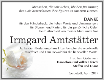 Traueranzeige von Irmgard Amtstätter von Wochenspiegel Mansfelder Land