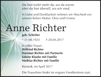 Traueranzeige von Anne Richter von Mitteldeutsche Zeitung Sangerhausen