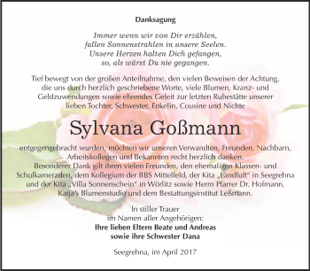 Traueranzeige von Sylvana Goßmann von WVG - Wochenspiegel Wittenberg