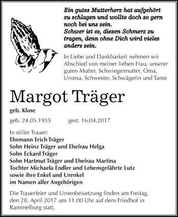 Traueranzeige von Margot Träger von Super Sonntag SGH Mansf. Land