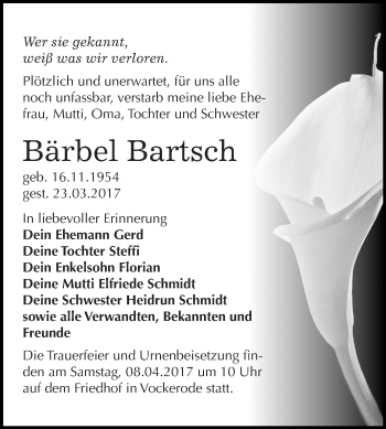 Traueranzeige von Bärbel Bartsch von Super Sonntag Wittenberg