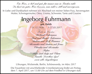Traueranzeige von Ingeborg Fuhrmann von Super Sonntag SGH Mansf. Land
