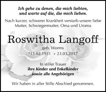 Traueranzeige von Roswitha Langoff von Mitteldeutsche Zeitung Zeitz
