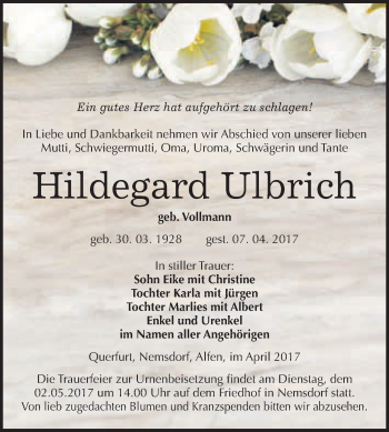 Traueranzeige von Hildegard Ulbrich von WVG - Wochenspiegel Merseburg