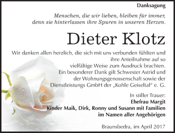 Traueranzeige von Dieter Klotz von Mitteldeutsche Zeitung Merseburg/Querfurt