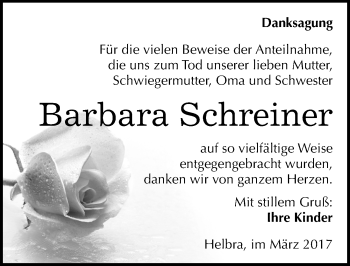 Traueranzeige von Barbara Schreiner von Mitteldeutsche Zeitung Mansfelder Land