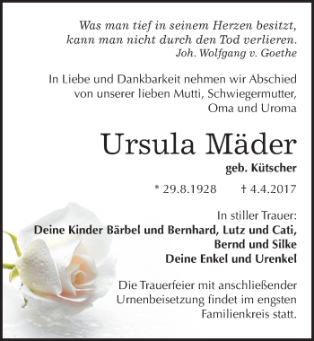 Traueranzeige von Ursula Mäder von Mitteldeutsche Zeitung Halle/Saalkreis