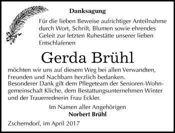 Traueranzeige von Gerda Brühl von Mitteldeutsche Zeitung Bitterfeld
