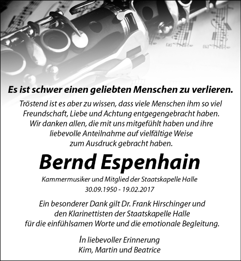  Traueranzeige für Bernd Espenhain vom 01.04.2017 aus Mitteldeutsche Zeitung Halle/Saalkreis