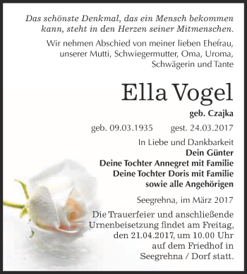 Traueranzeige von Ella Vogel von Super Sonntag Wittenberg