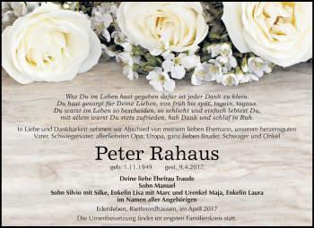 Traueranzeige von Peter Rahaus von Super Sonntag SGH Mansf. Land
