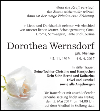 Traueranzeige von Dorothea Wernsdorf von Super Sonntag SGH Mansf. Land