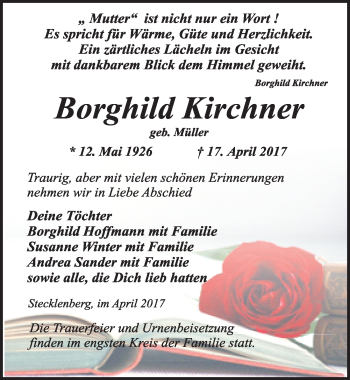 Traueranzeige von Borghild Kirchner von Mitteldeutsche Zeitung Quedlinburg