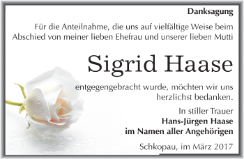 Traueranzeige von Sigrid Haase von Mitteldeutsche Zeitung Merseburg/Querfurt