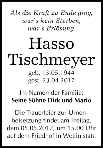 Traueranzeige von Hasso Tischmeyer von Mitteldeutsche Zeitung Halle/Saalkreis