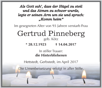 Traueranzeige von Gertrud Pinneberg von Mitteldeutsche Zeitung Mansfelder Land
