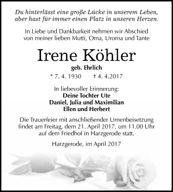 Traueranzeige von Irene Köhler von Super Sonntag Quedlinburg
