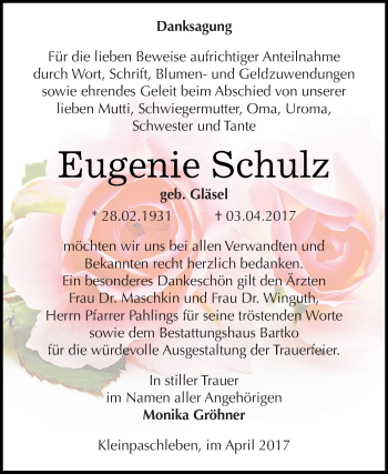 Traueranzeige von Eugenie Schulz von WVG - Wochenspiegel Dessau / Köthen