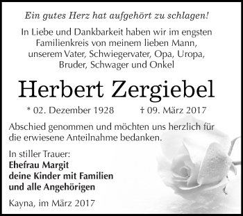 Traueranzeige von Herbert Zergiebel von Super Sonntag Zeitz