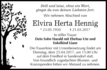Traueranzeige von Elvira Herta Hennig von Mitteldeutsche Zeitung Bitterfeld