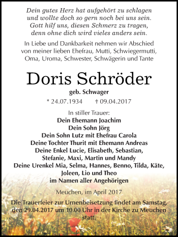 Traueranzeige von Doris Schröder von Super Sonntag Merseburg