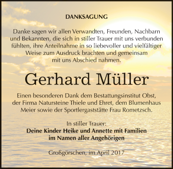 Traueranzeige von Gerhard Müller von Mitteldeutsche Zeitung Weißenfels