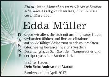 Traueranzeige von Edda Müller von Mitteldeutsche Zeitung Bitterfeld