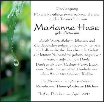 Traueranzeige von Marianne Huse von Mitteldeutsche Zeitung Sangerhausen