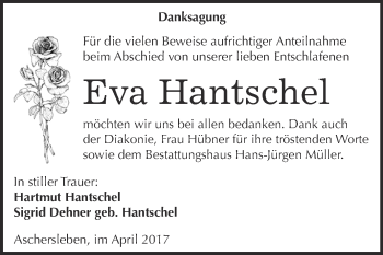 Traueranzeige von Eva Hantschel von Super Sonntag SGH Mansf. Land