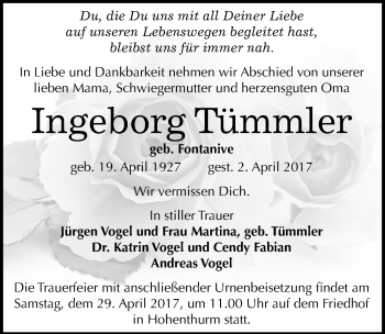 Traueranzeige von Ingeborg Tümmler von Mitteldeutsche Zeitung Halle/Saalkreis