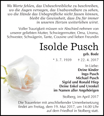 Traueranzeige von Isolde Pusch von Super Sonntag SGH Mansf. Land